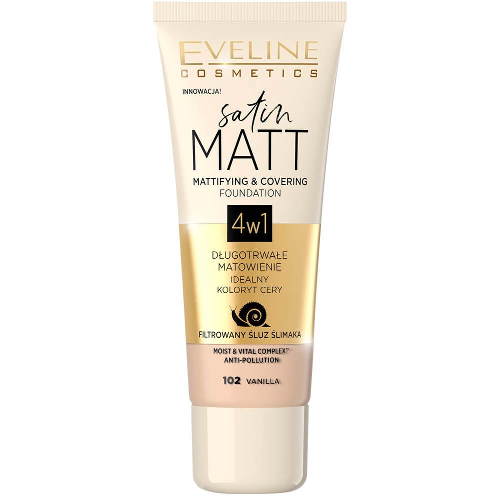 Eveline Cosmetics Satin Matt podkład matujący z ekstraktem ze śluzu ślimaka odcień 102 Vanilla 30 ml