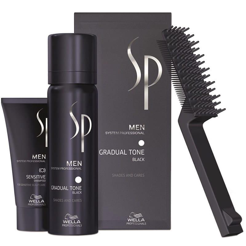 SP Men Gradual Tone Black zestaw do stopniowej eliminacji siwizny pianka pigmentująca 60ml + łagodny szampon 30ml + szczoteczka
